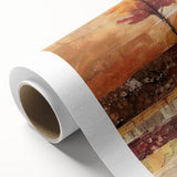 Art deco poster depicting a stylized fall scene on rolled canvas, featuring earthy orange and brown tones.