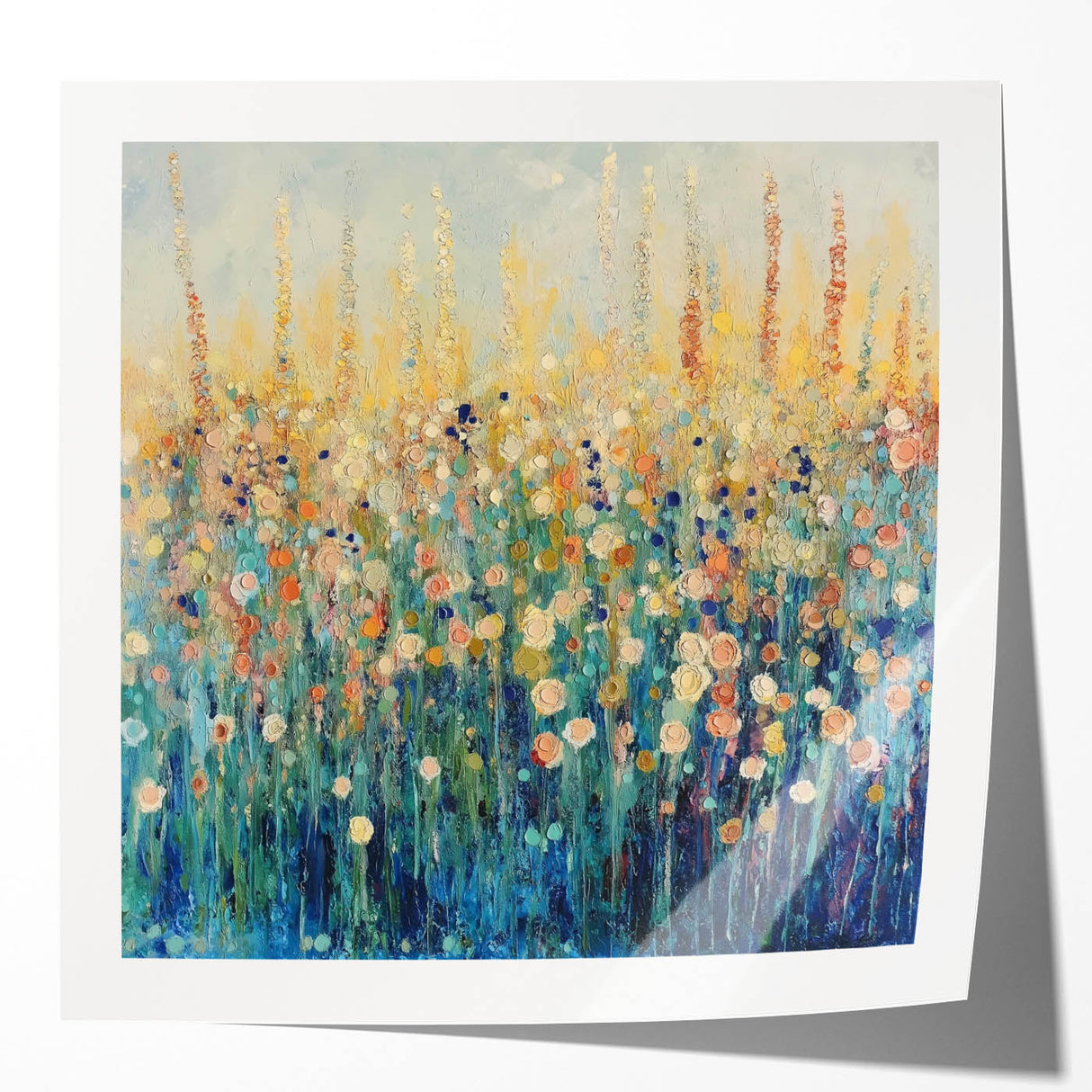 Glossy photo print mockup showcasing an abstract floral design with vibrant colors, ideal for home decor or art showcase. The print features intricate details and a modern aesthetic, perfect for enhancing any interior space.
