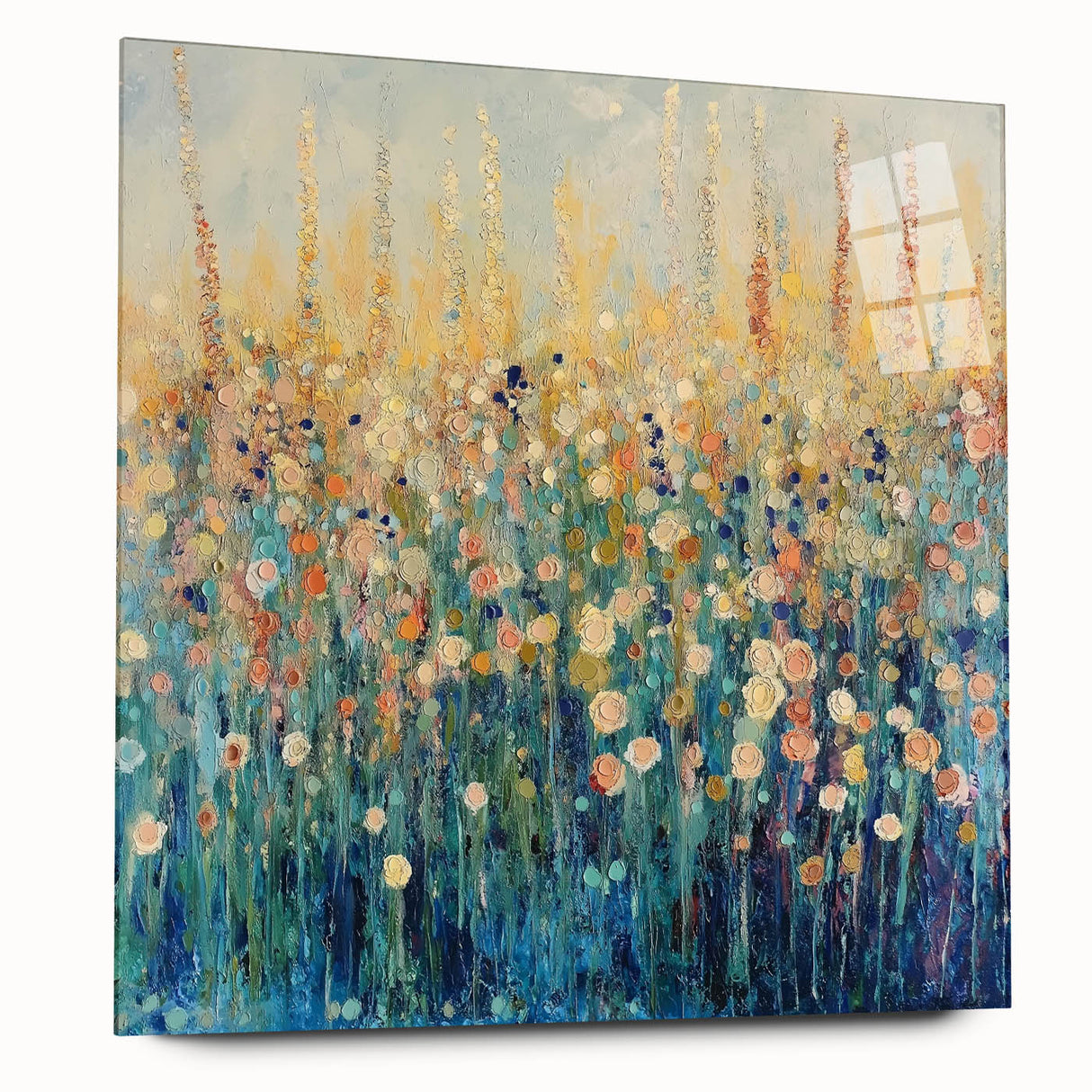 Colorful abstract floral acrylic artwork displayed from a side view, showcasing its vibrant hues and smooth glass finish, ideal for modern home decor.