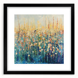 Abstract floral art print framed in a sleek black mat, showcasing vibrant colors and intricate designs, ideal for modern home decor or gallery walls.