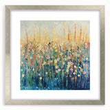 Abstract floral frame with a silver mat, showcasing a vibrant arrangement of colorful flowers and intricate details, ideal for home decor enhancement.