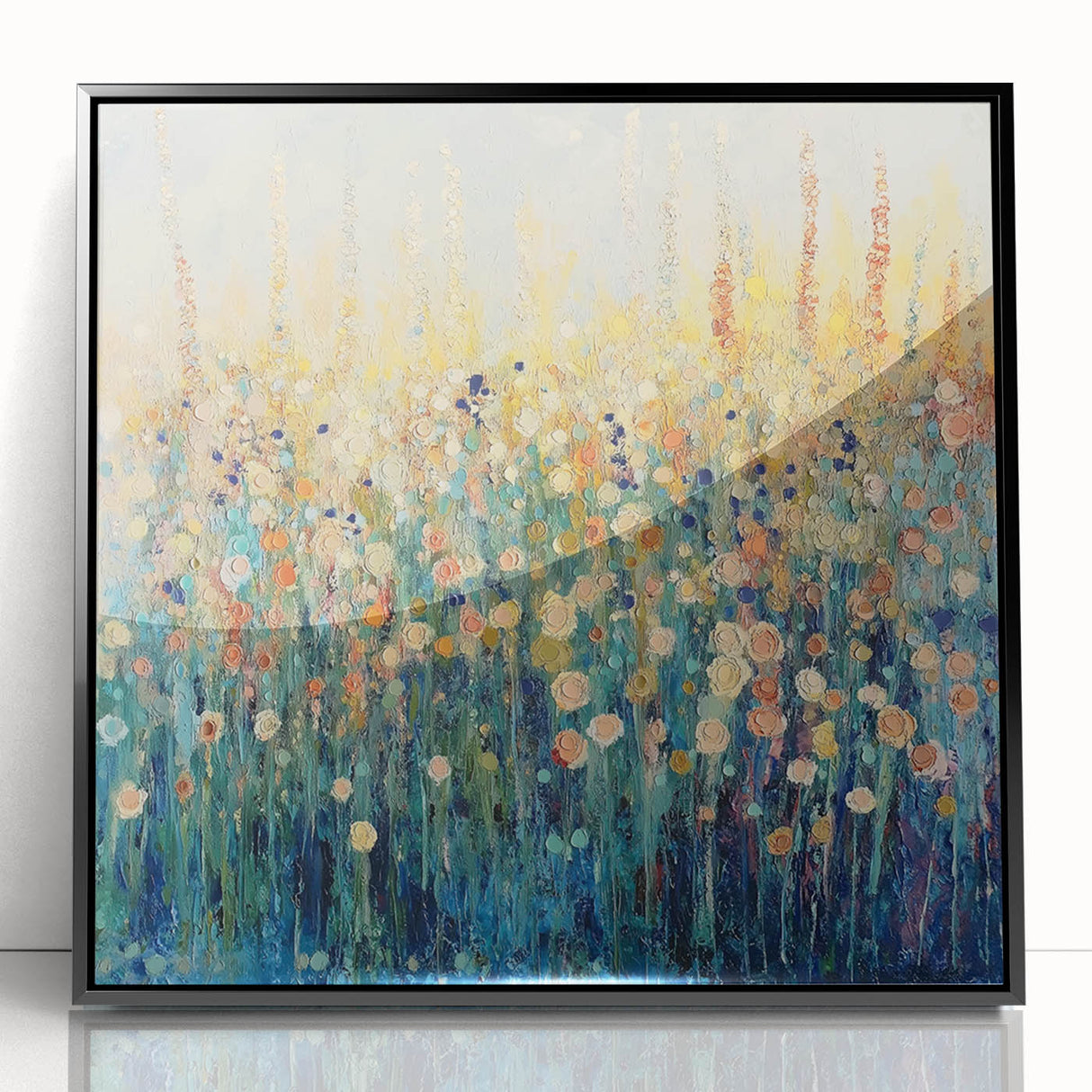 Framed acrylic artwork featuring an abstract floral design with vibrant colors set against a black background, perfect for modern home decor accents.