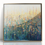 Framed acrylic artwork showcasing vibrant abstract floral designs in gold and pastel hues, ideal for modern home decor. Perfect for enhancing any living space.