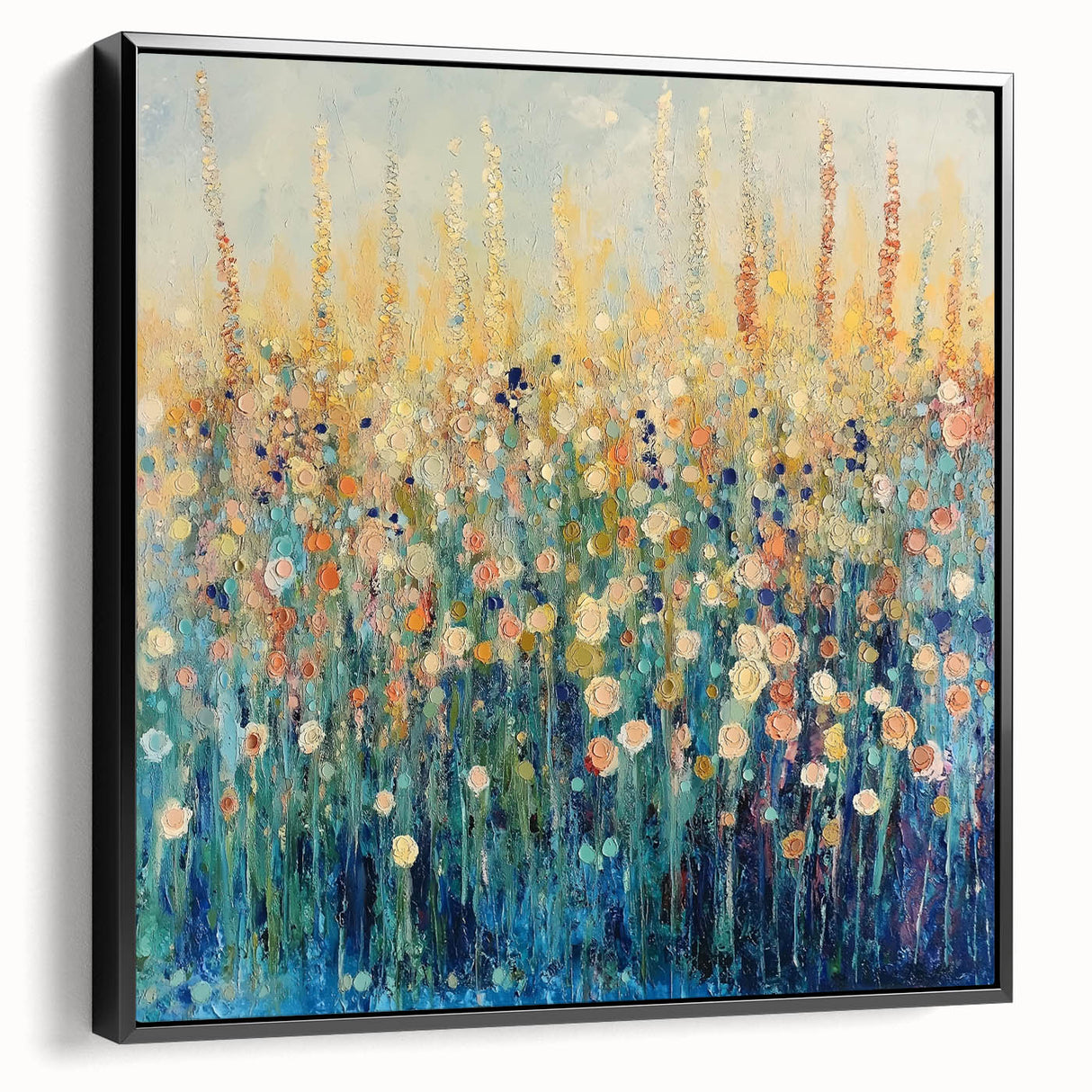 Framed canvas artwork showcasing vibrant abstract floral patterns in shades of pink, blue, and green, presented in a sleek black frame, ideal for modern decor.