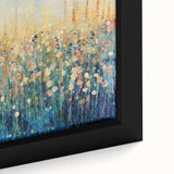 Close-up of a framed canvas artwork showcasing vibrant abstract floral designs in rich colors, highlighting intricate details and textures, perfect for home decor.
