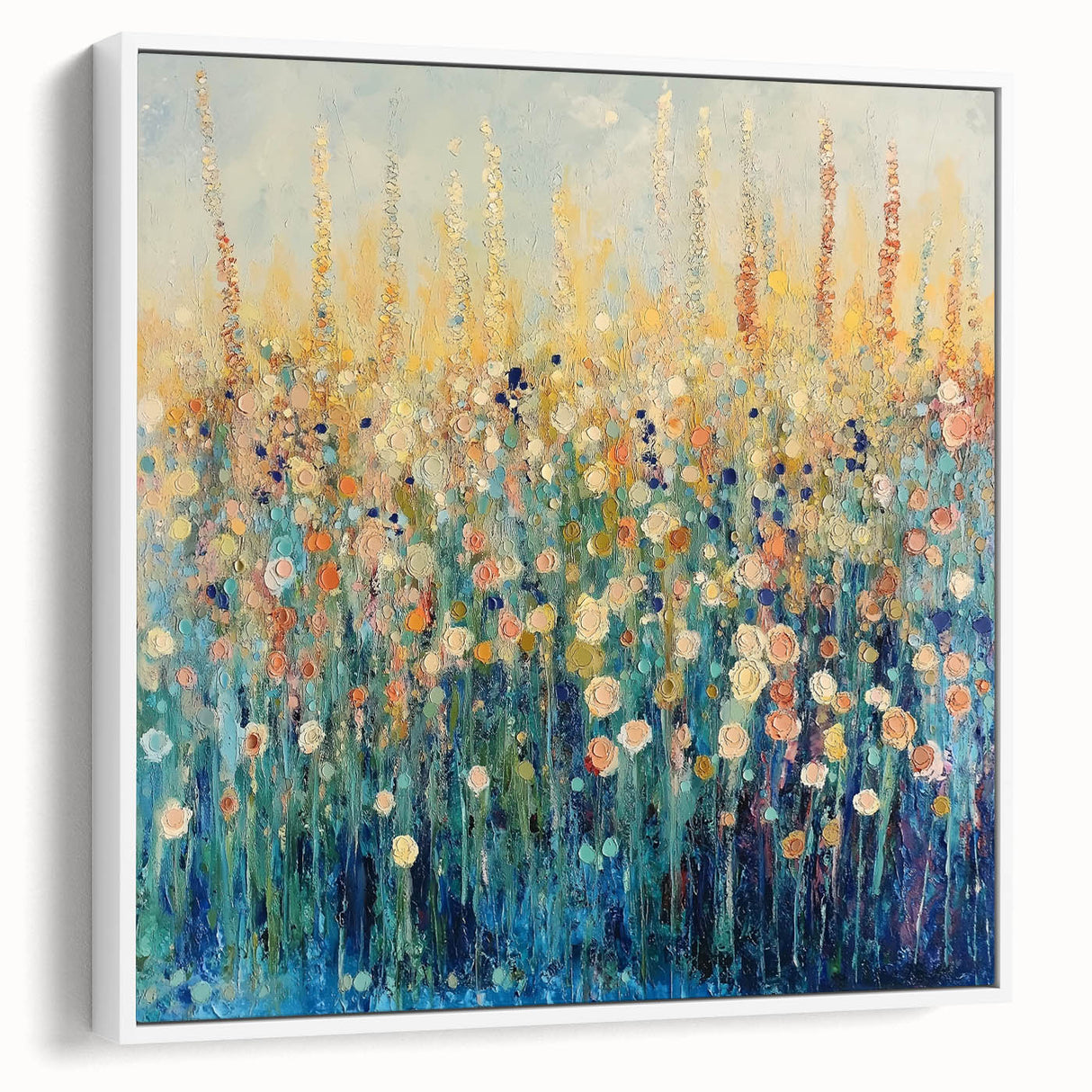 Framed canvas artwork displaying abstract floral designs in vibrant colors, set against a sleek white background, showcasing a modern aesthetic for home decor.
