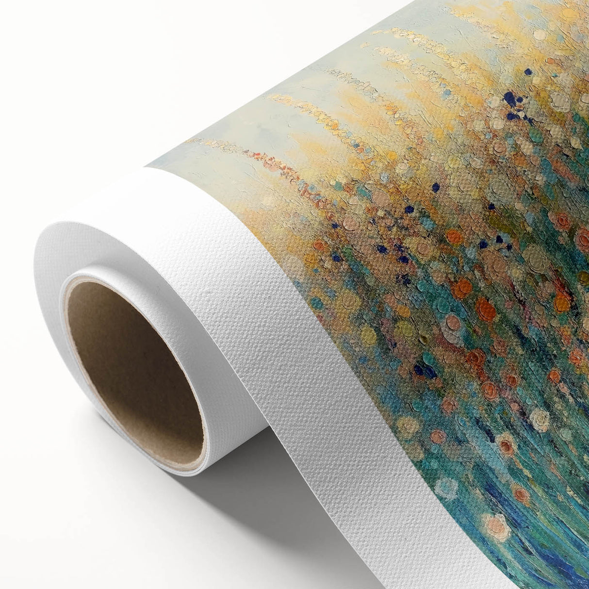 Abstract floral design on a rolled canvas print featuring vibrant colors of pink, green, and yellow, showcasing intricate details and textures, ideal for modern home decor.