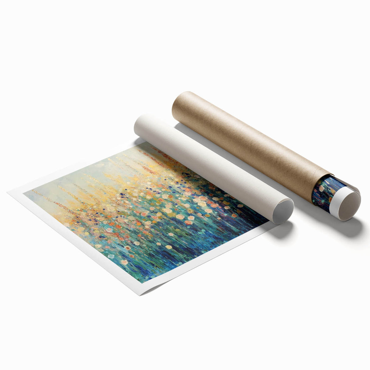 Abstract floral rolled print showcasing vibrant colors and intricate designs, elegantly packaged in a durable cardboard tube, perfect for home décor accents.