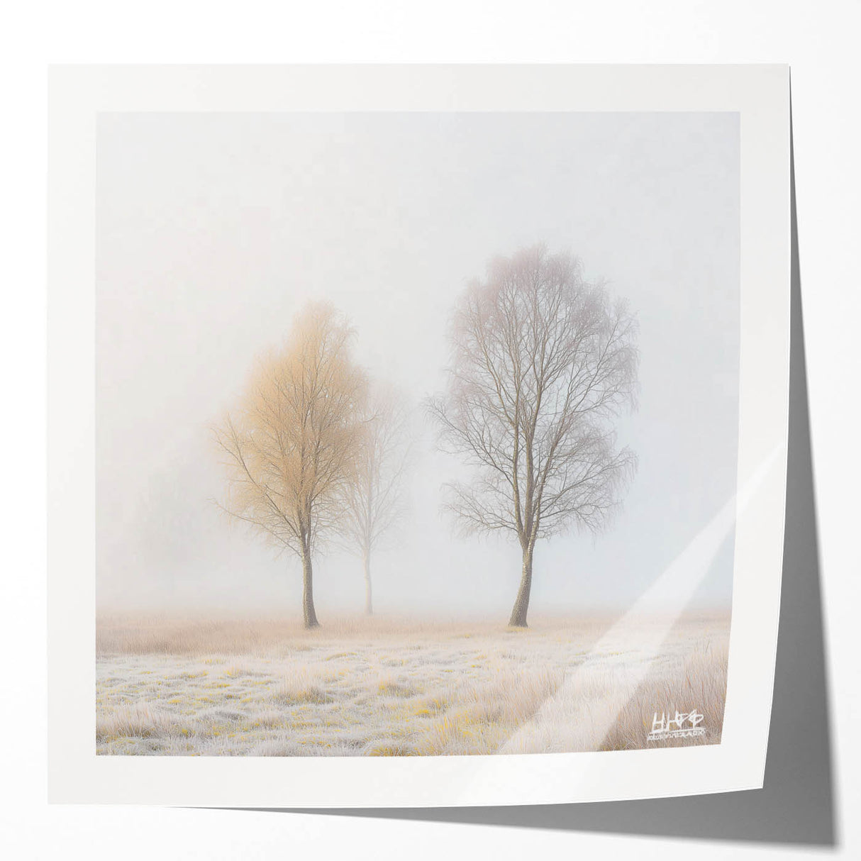 Abstract landscape photo print mockup showcasing vibrant colors and fluid shapes, displayed in a glossy finish on a minimalist background, ideal for modern decor.