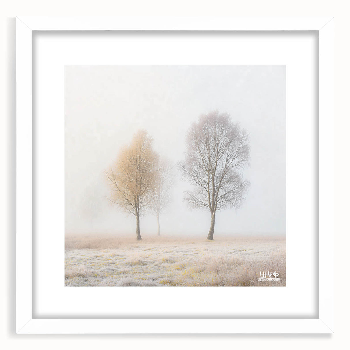 Abstract landscape artwork framed in a sleek white mat, showcasing soft pastel colors and modern design elements suitable for contemporary home decor.