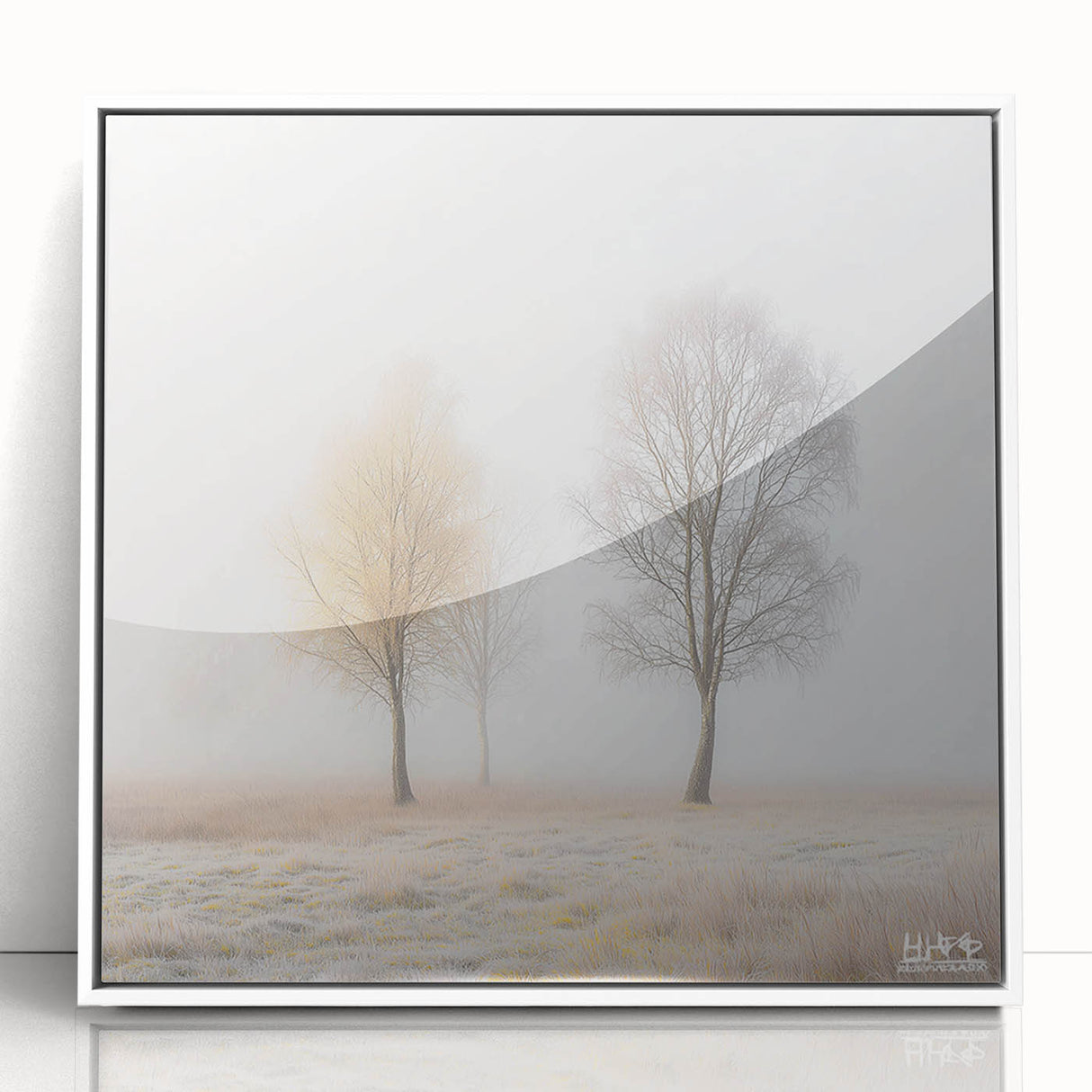 Framed acrylic artwork showcasing an abstract landscape in soothing earth tones, displayed against a white backdrop, perfect for modern home decor accents.