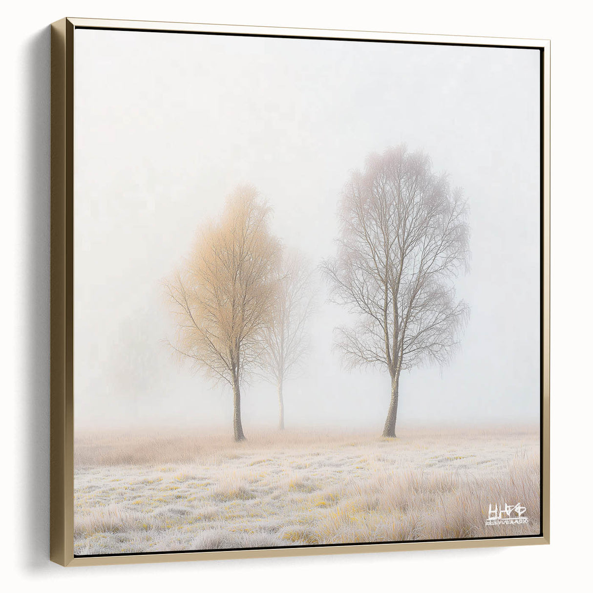 Framed abstract landscape canvas artwork in silver and gold tones, showcasing a serene mountain scene with a modern aesthetic, perfect for contemporary home decor.