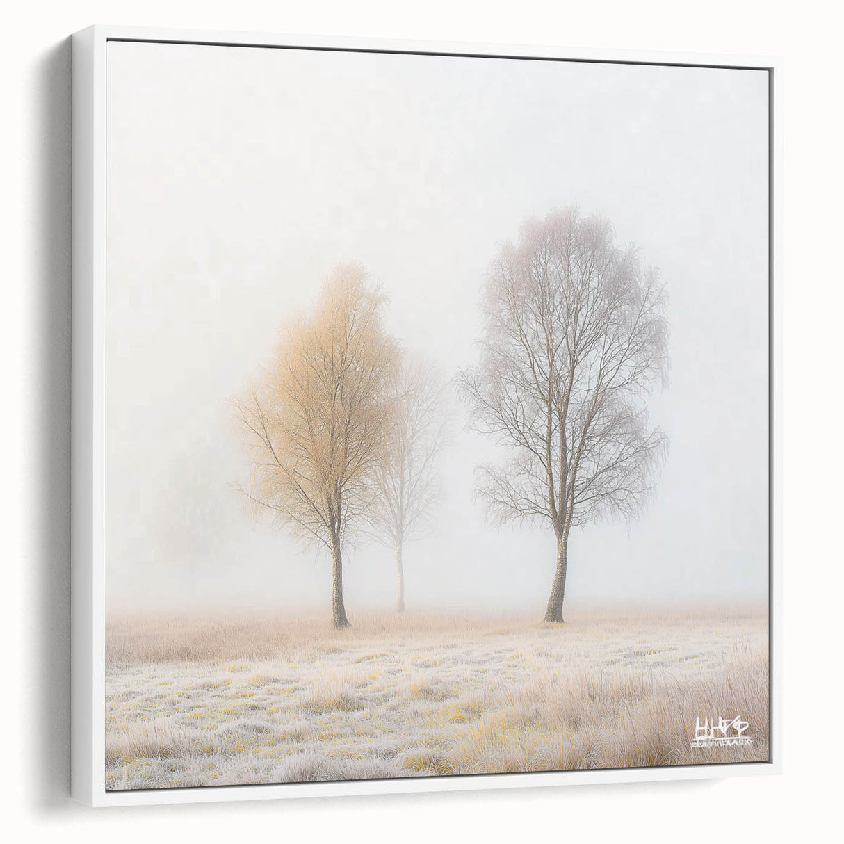 Abstract landscape framed canvas art showcasing vibrant colors of blue and green, set against a sleek white frame, perfect for modern interior decor.