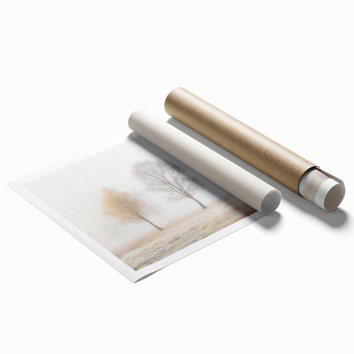 Abstract landscape artwork print showcasing vibrant hues of blue, green, and orange, elegantly rolled in a protective cardboard tube for safe shipping and display.
