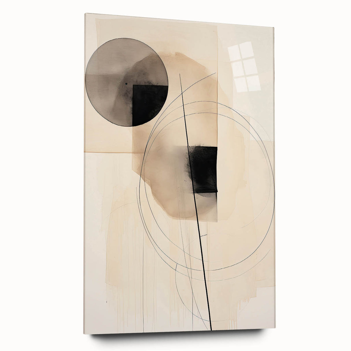 Abstract minimalist wall art design displayed on acrylic glass, showcasing soft pastel colors and geometric shapes, perfect for modern home decor.