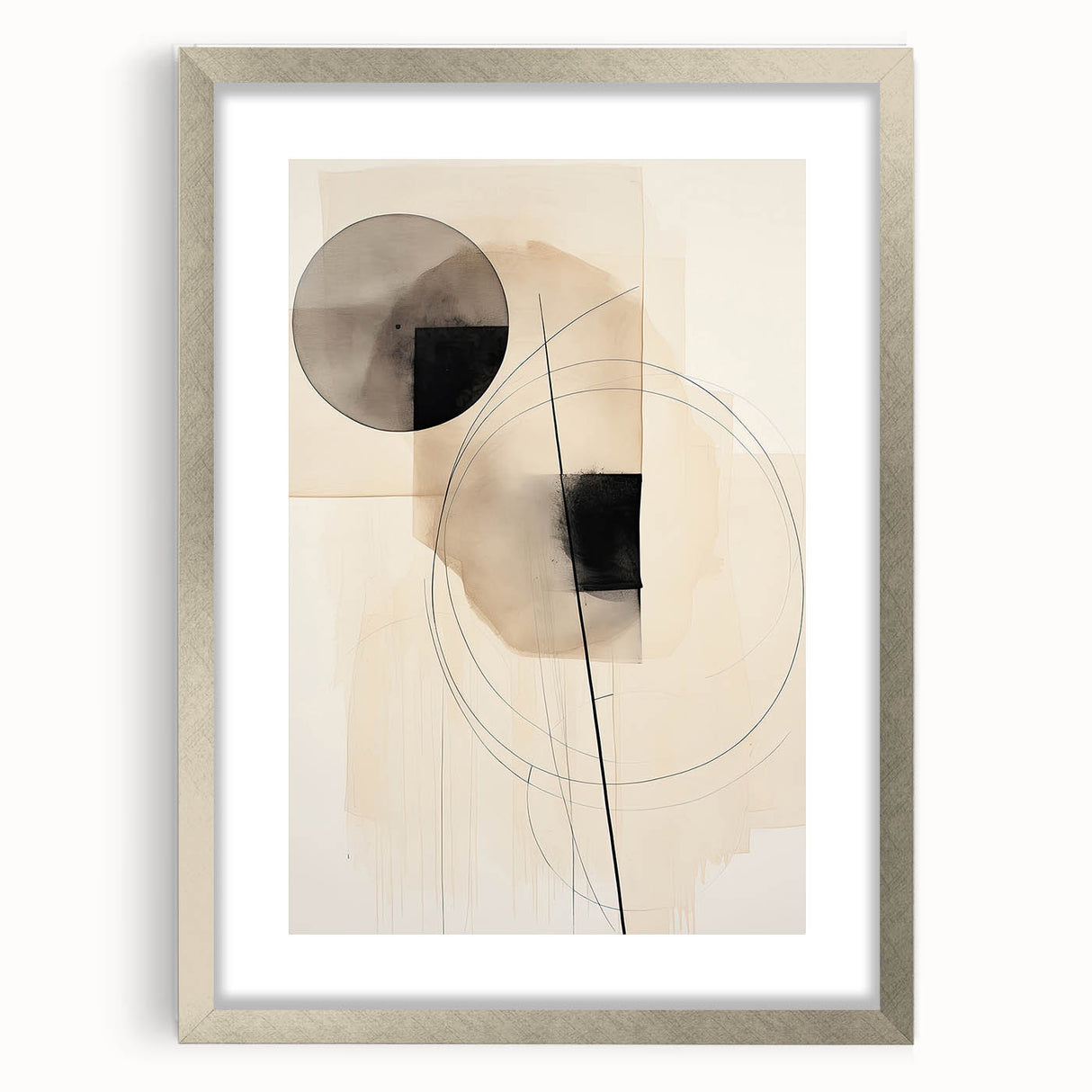 Abstract minimalist wall art in a sleek silver frame with matting, showcasing geometric patterns and a calm color palette, perfect for modern decor.