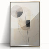 Abstract minimalist wall art featuring a framed acrylic design with gold accents, showcasing geometric patterns on a white background, perfect for modern decor.