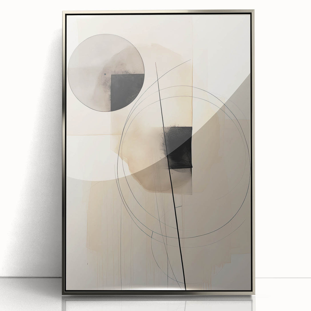 Framed abstract minimalist wall art in silver acrylic, showcasing a sleek design with geometric patterns, perfect for modern home decor.