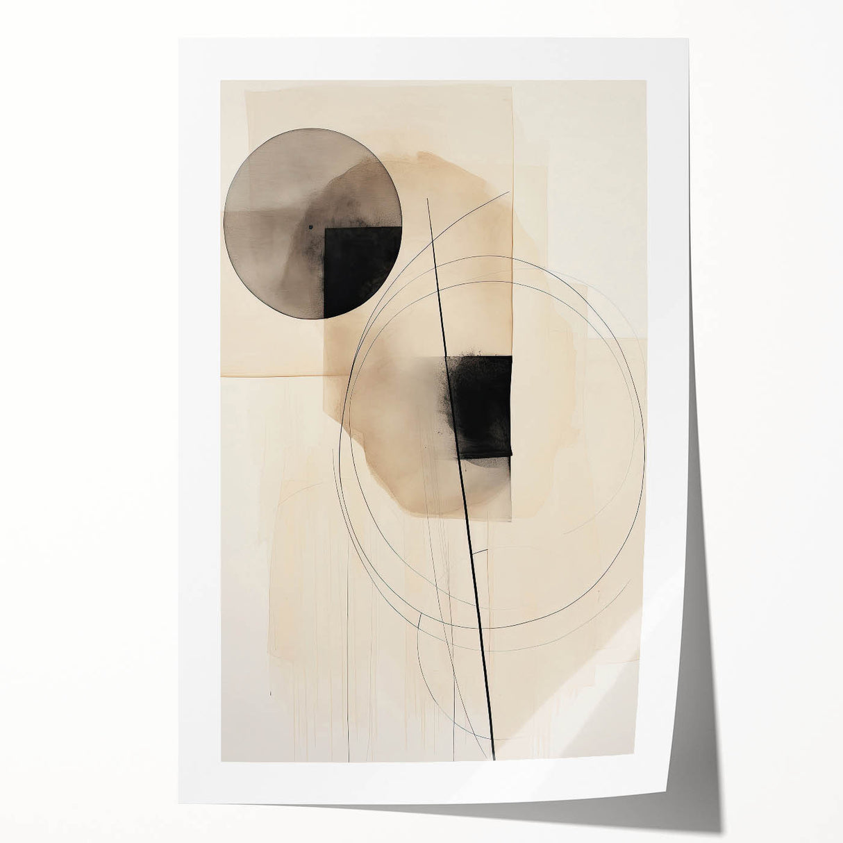 Abstract minimalist wall art print featuring soft earth tones and geometric shapes, elegantly rolled and ready for display, enhances modern home decor.