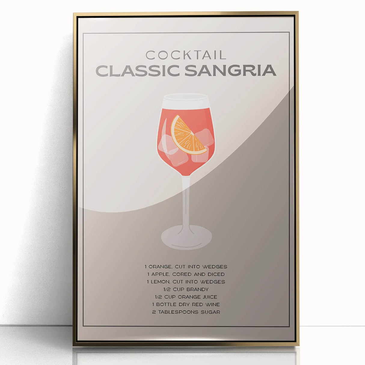 Large art print of a mid-century modernist food and drinks theme in gold tones, framed acrylic.