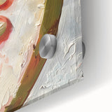 Close-up of large abstract fruit-themed art print on acrylic glass, in vibrant colors, ideal for dining room decor.