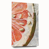 Large abstract wall art featuring assorted fruits in vivid colors on acrylic glass, suitable for dining room decor.
