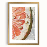 Extra large abstract art print of colorful fruits on textured canvas, framed in gold, ideal for living room decor.