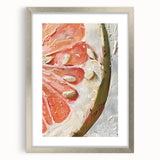Textured art print of abstract fruits in vibrant colors on a silver-framed mat, suitable for bedroom decor.