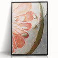 Large abstract wall art featuring assorted fruits in vibrant colors on a black acrylic framed print, ideal for kitchen decor.