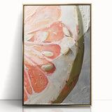 Large art print of assorted fruits in vibrant colors, framed in gold acrylic, in a mid-century modernist style.