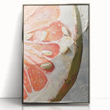 Mid-century modernist art featuring assorted fruits in vibrant colors on a silver-framed acrylic print.