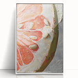 Art deco style poster depicting colorful fruits, framed in white acrylic, suitable for modern nursery wall decor.