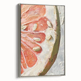 Framed canvas depicting a vintage poster of colorful fruit arrangements on a black background, suited for kitchen decor.