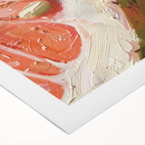 Art deco poster featuring an array of fruits in bright colors on a rolled canvas, ideal for dining room wall art.