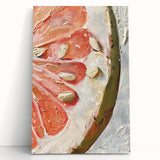 Black and white photo of assorted fruits on a stretched canvas, ideal for kitchen wall art.