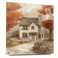 Large abstract wall art depicting fall seasons on acrylic glass, in warm orange and brown tones.