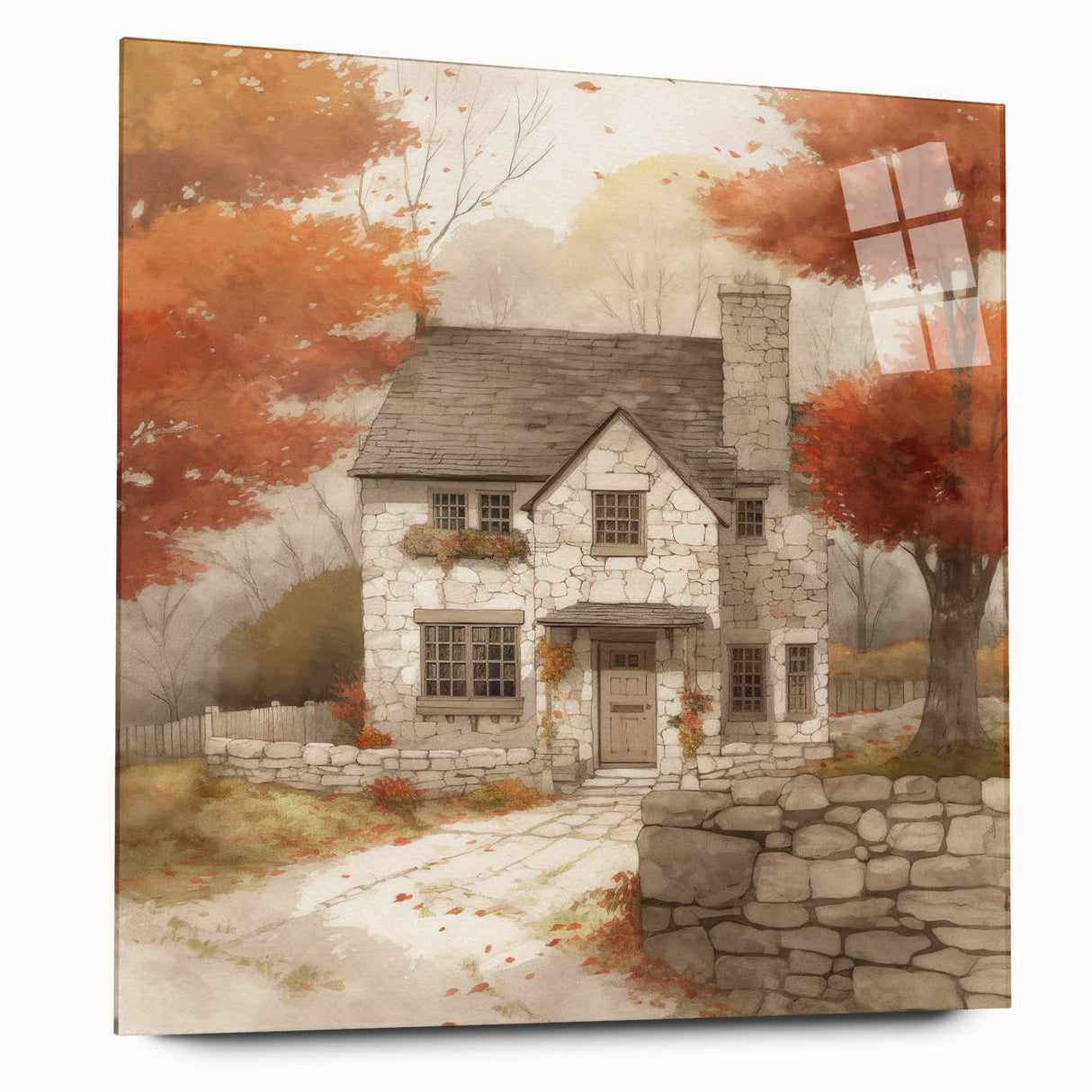 Large abstract wall art in warm autumn hues on acrylic glass, suitable for bedroom or dining room decor.