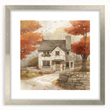Textured abstract art print depicting autumn leaves in muted orange and brown tones, framed in silver.