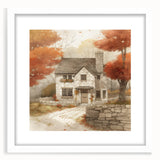 Abstract art print featuring warm autumnal hues on a framed white canvas, ideal for dining room or bedroom decor.