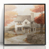 Large abstract wall art depicting autumnal trees in warm orange and red tones on a black framed acrylic.