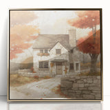 Large art print of a mid-century modernist fall scene in gold and orange tones, acrylic framed.