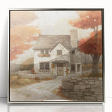 Mid-century modernist art depicting a fall scene, in muted orange and brown tones on a silver-framed acrylic print.