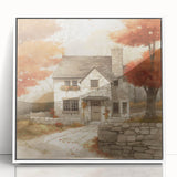Art deco poster featuring a stylized autumn scene in orange and brown tones on a white acrylic framed print.