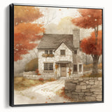 Black and white landscape art painting on framed canvas, depicting a vintage-style autumn scene.