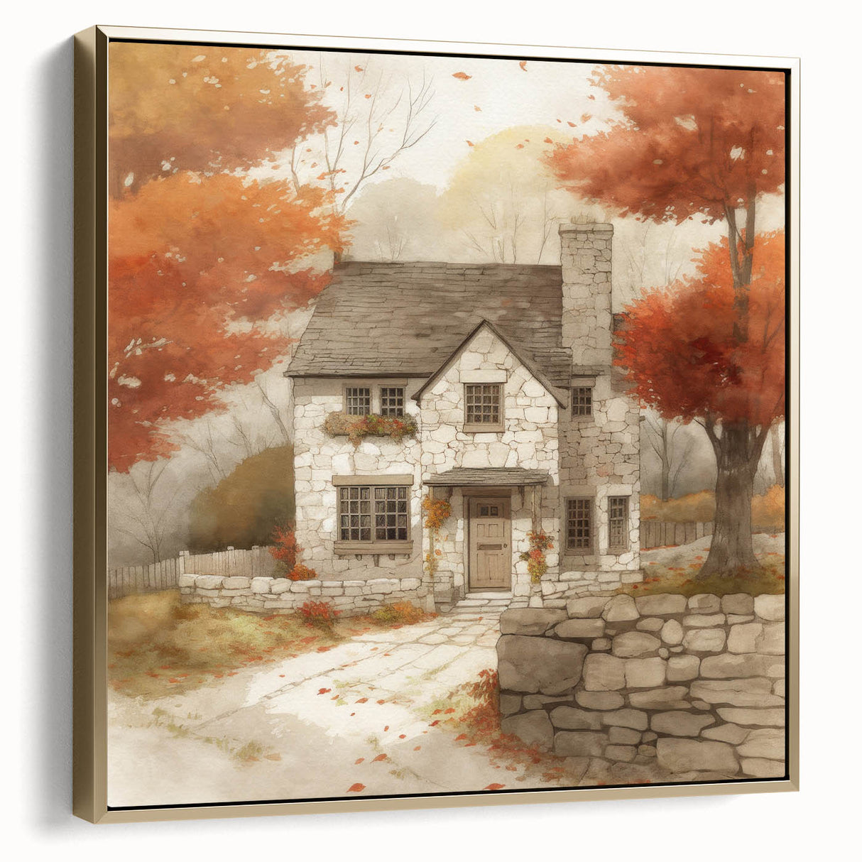 Framed canvas featuring a vintage landscape painting of a forest in autumn with silver and gold tones.