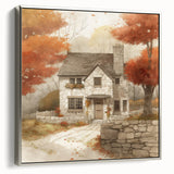 Framed canvas depicting a vintage landscape painting of autumn trees in vibrant orange and red tones.