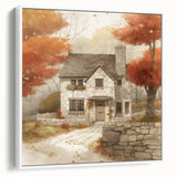 Vintage poster art depicting an autumnal scene on a framed canvas, with vibrant orange and yellow tones.