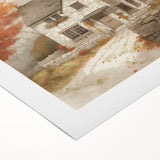 Art deco poster featuring autumnal landscape in warm orange and brown tones on rolled canvas, suitable for dining room decor.