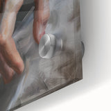 Vibrant abstract figurative acrylic art piece displayed on glass, showcasing bold colors and intricate details, ideal for modern home decor or gallery settings.