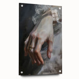 Abstract figurative acrylic artwork displayed in a clear glass frame, showcasing vibrant colors and intricate details, accentuated by decorative pins, ideal for contemporary decor.